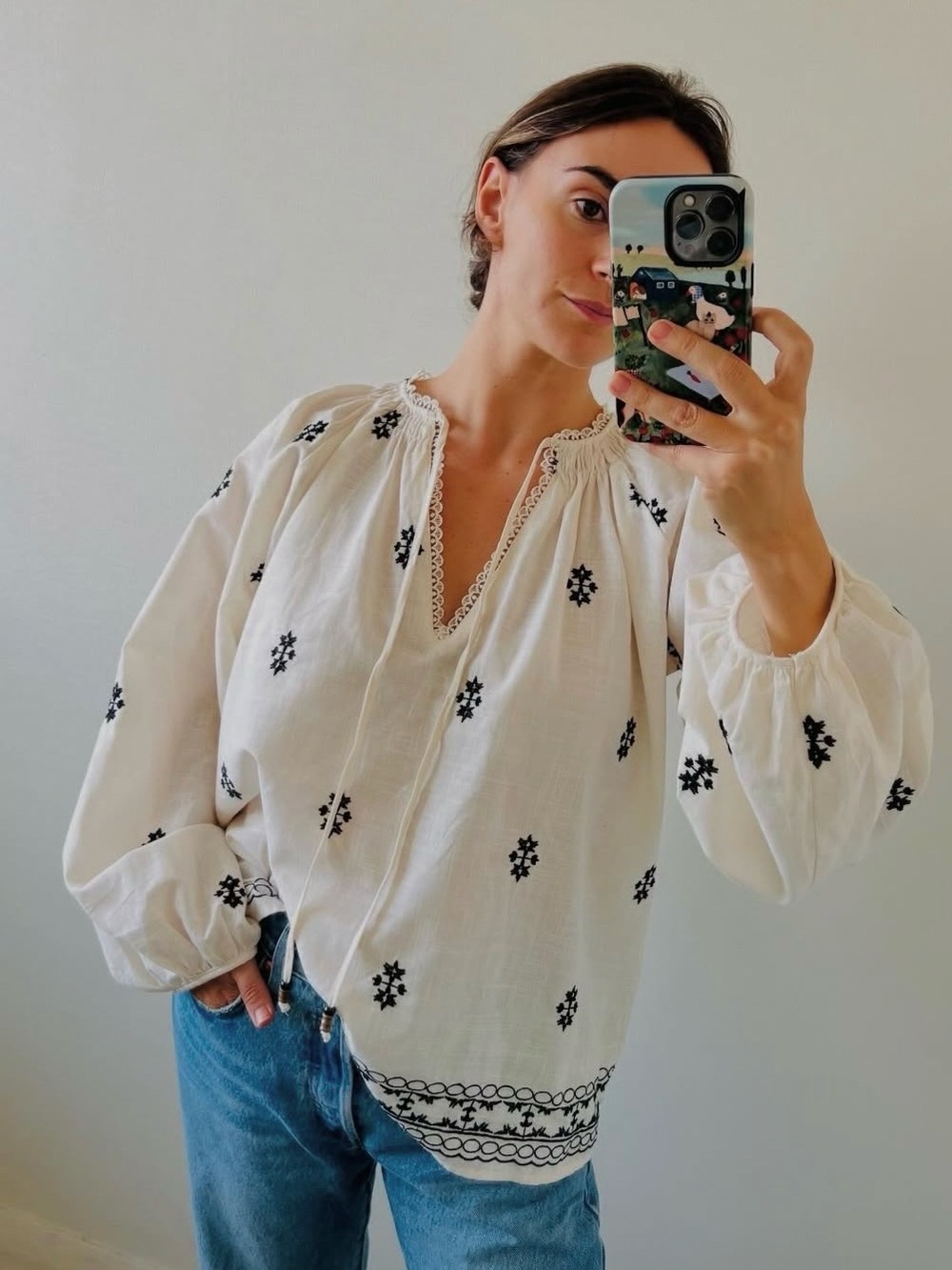 Zara Ecru Embroidered Peasant Blouse with Black Accents Size XS EUC